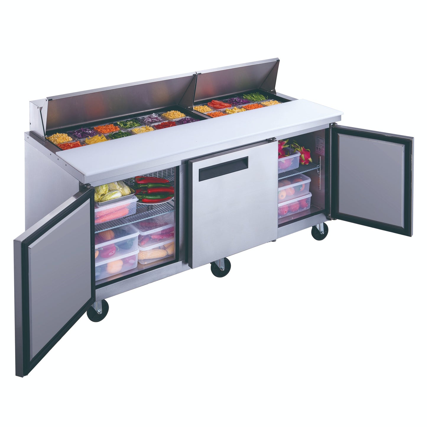 Dukers DSP72-18-S3, 72" 3 Door Commercial Food Prep Table Refrigerator in Stainless Steel