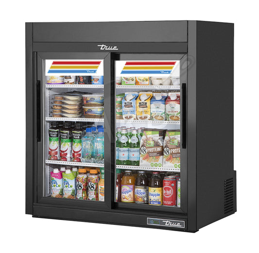 True GDM-09-SQ-HC-LD, 36" 2 Glass Slide Door Counter-Top Squared Merchandiser Refrigerator