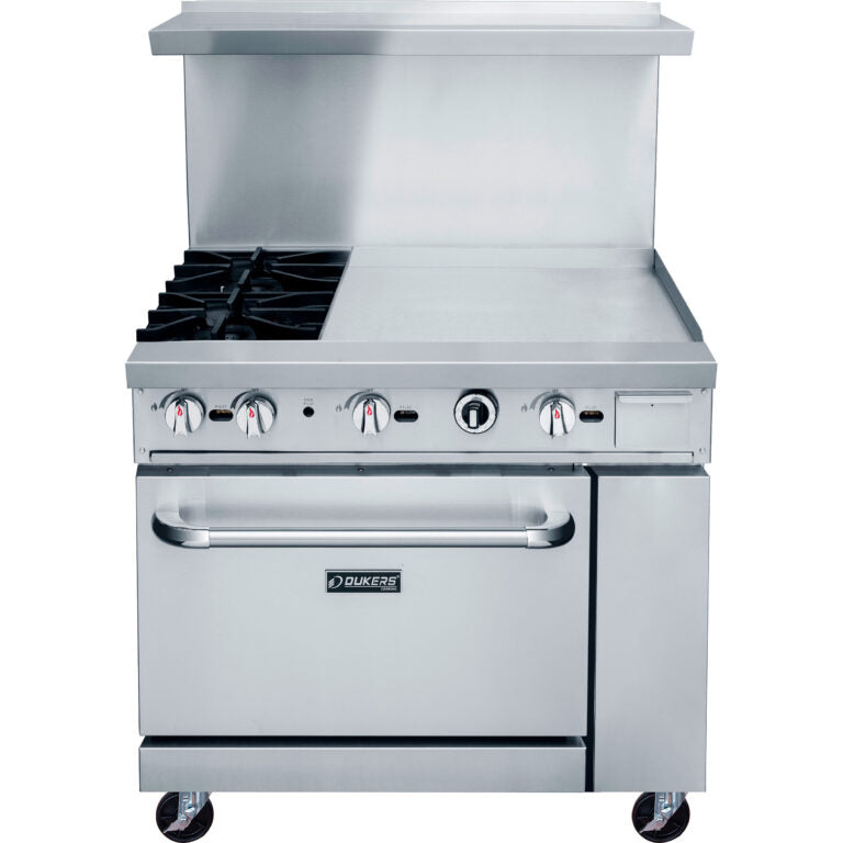 Dukers - DCR36-2B24GM, Commercial 36" Oven Range 2 Burners with removable Griddle 3/4″ steel plate Natural Gas