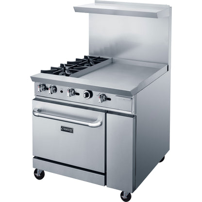 Dukers - DCR36-2B24GM, Commercial 36" Oven Range 2 Burners with removable Griddle 3/4″ steel plate Natural Gas