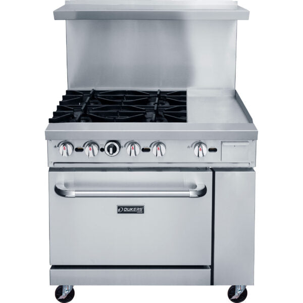 Dukers - DCR36-4B12GM, Commercial 36" Oven Range 4 Burners and Griddle with removable, 3/4″ steel plate Natural Gas