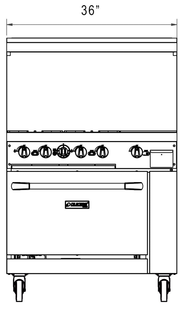 Dukers - DCR36-4B12GM, Commercial 36" Oven Range 4 Burners and Griddle with removable, 3/4″ steel plate Natural Gas