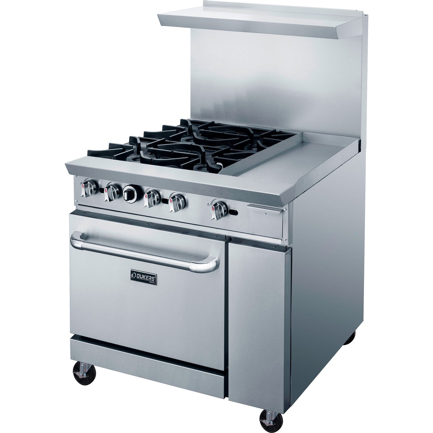 Dukers - DCR36-4B12GM, Commercial 36" Oven Range 4 Burners and Griddle with removable, 3/4″ steel plate Natural Gas